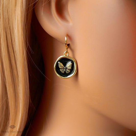 Butterfly Enamel Charm Earrings, Black and Gold Dangle Earrings, Handmade Vintage Butterfly Jewelry, Sensitive Ear & Clip-On Options