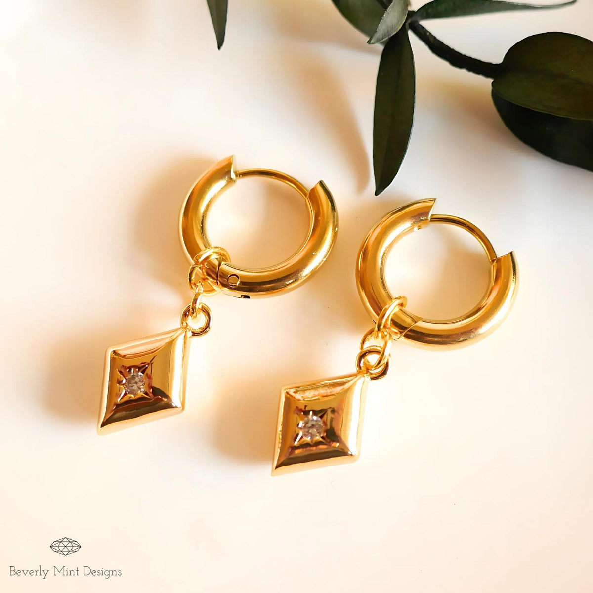 Gold Huggie Earrings with Geometric Dangle Charms – Minimalist Jewelry, Modern Hoop Earrings