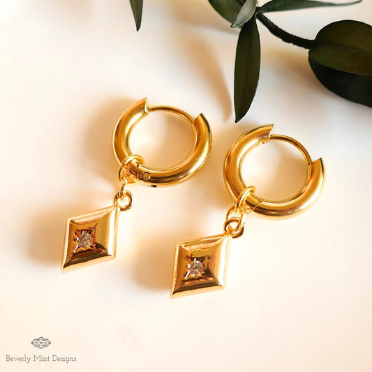 Gold Huggie Earrings with Geometric Dangle Charms – Minimalist Jewelry, Modern Hoop Earrings