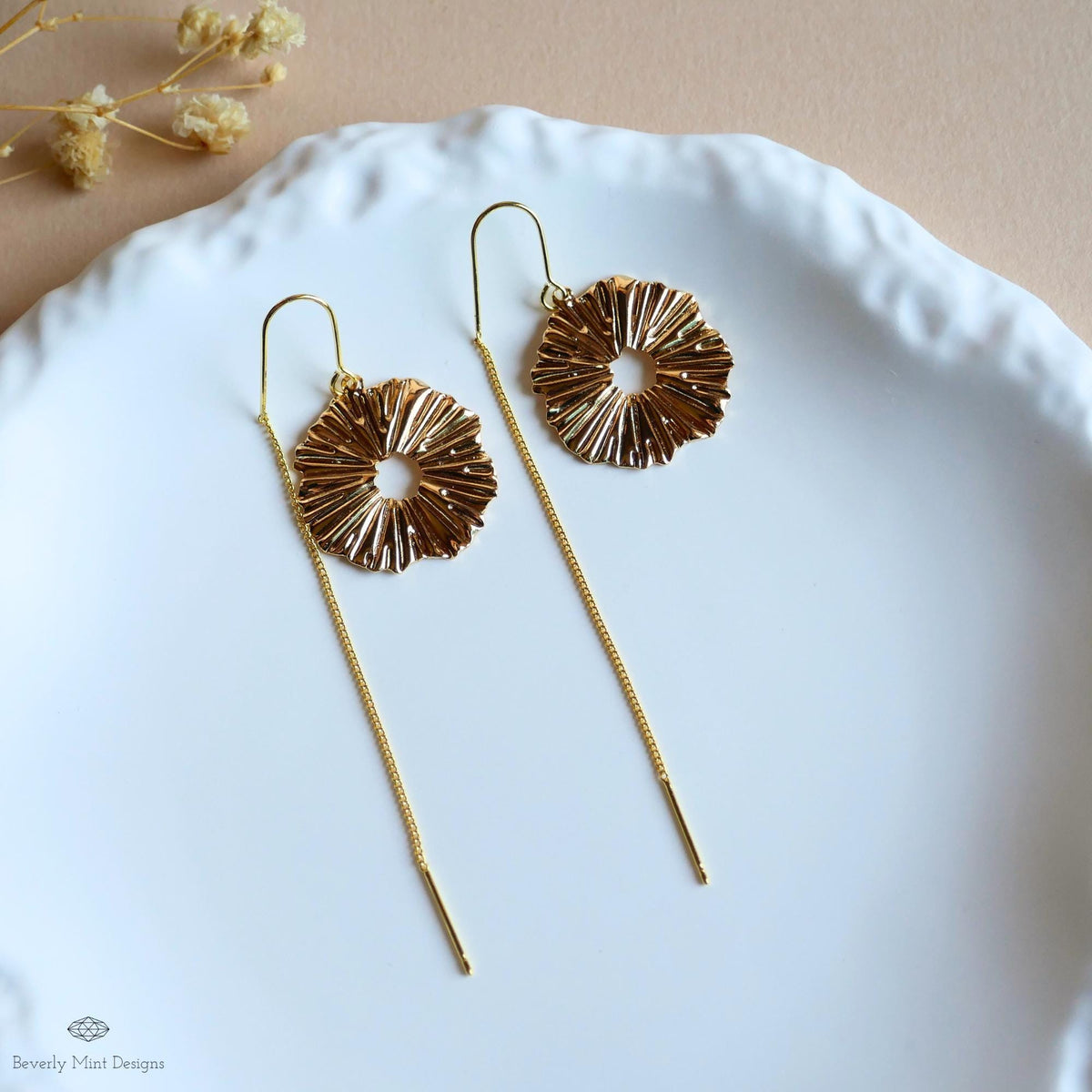 Gold Textured Disc Threader Earrings, Bold Statement Dangle Earrings, Sculptural Jewelry, Sensitive Ear & Clip-On Options