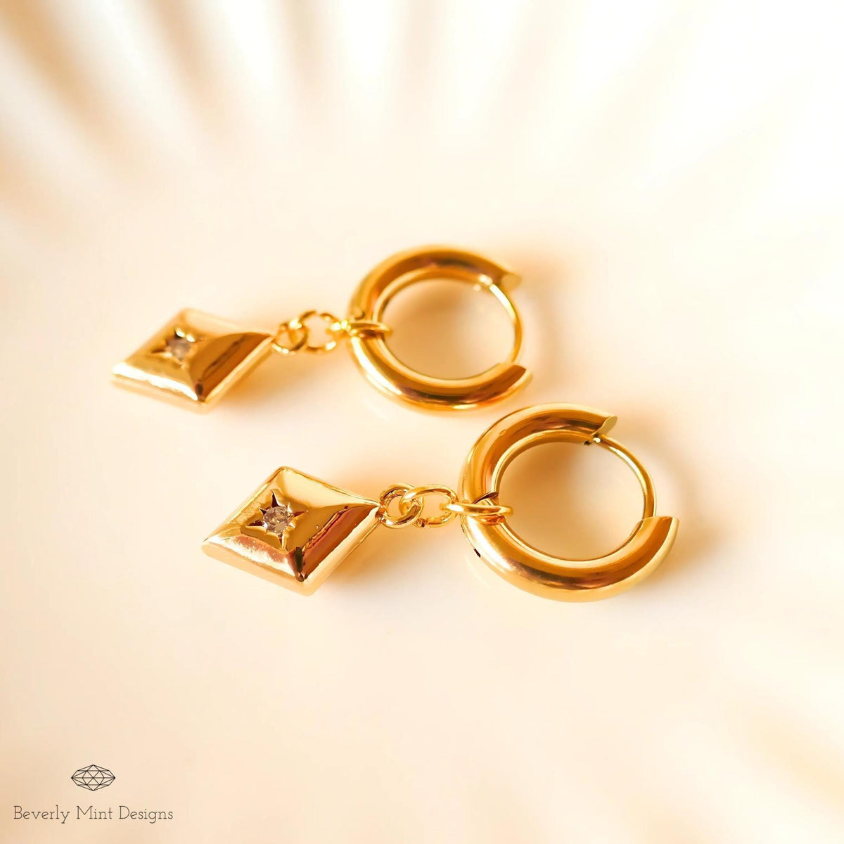 Gold Huggie Earrings with Geometric Dangle Charms – Minimalist Jewelry, Modern Hoop Earrings