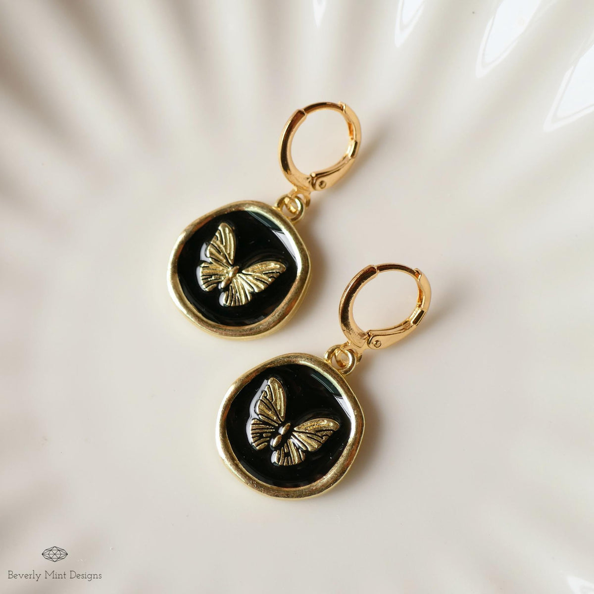 Butterfly Enamel Charm Earrings, Black and Gold Dangle Earrings, Handmade Vintage Butterfly Jewelry, Sensitive Ear & Clip-On Options