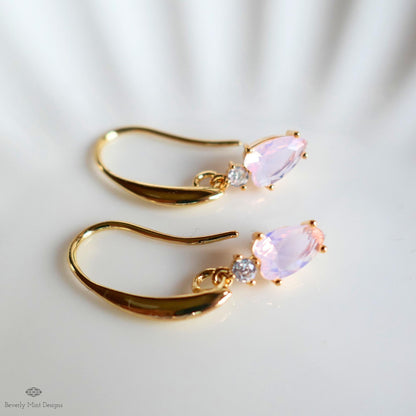 Light Pink Heart Earrings, Minimalist Jewelry, Gold Dangle Earrings, Dainty Drop Earrings, Romantic, Sensitive Ear & Clip-On Options