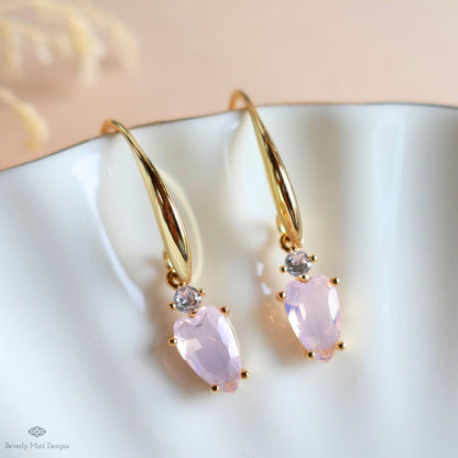 Light Pink Heart Earrings, Minimalist Jewelry, Gold Dangle Earrings, Dainty Drop Earrings, Romantic, Sensitive Ear & Clip-On Options