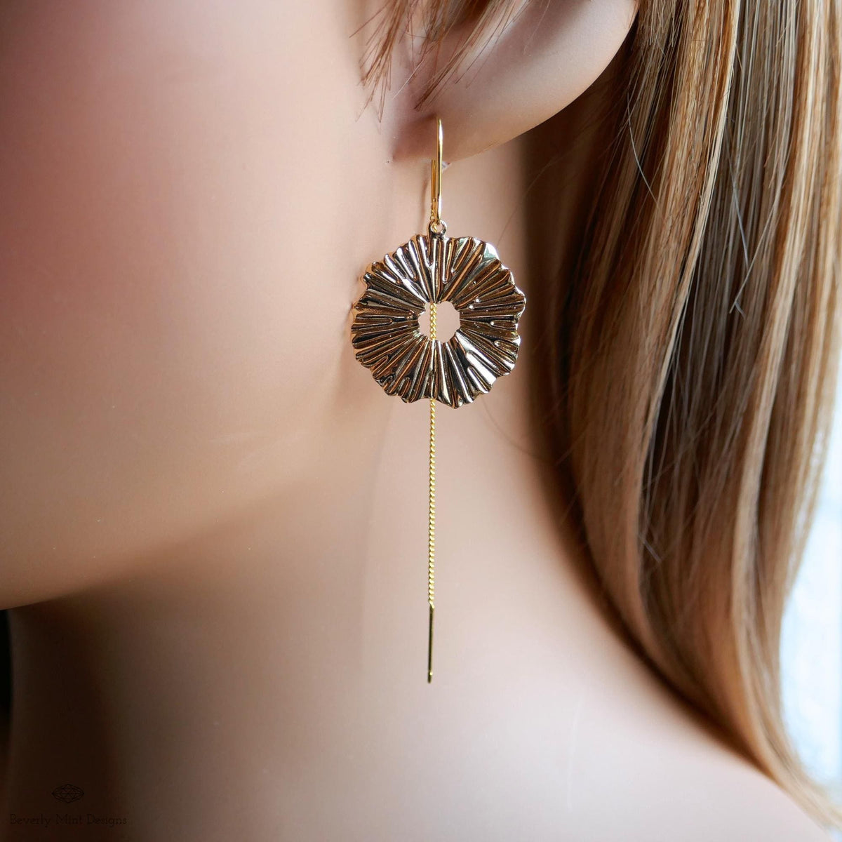 Gold Textured Disc Threader Earrings, Bold Statement Dangle Earrings, Sculptural Jewelry, Sensitive Ear & Clip-On Options