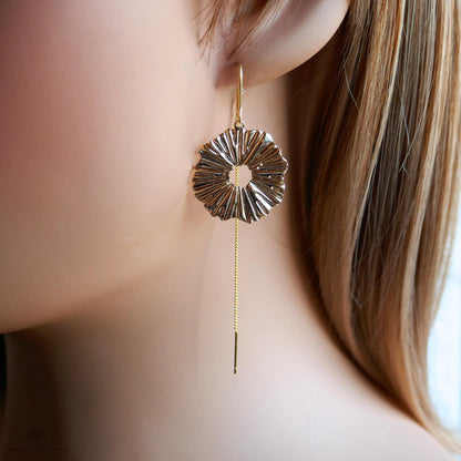 Gold Textured Disc Threader Earrings, Bold Statement Dangle Earrings, Sculptural Jewelry, Sensitive Ear & Clip-On Options
