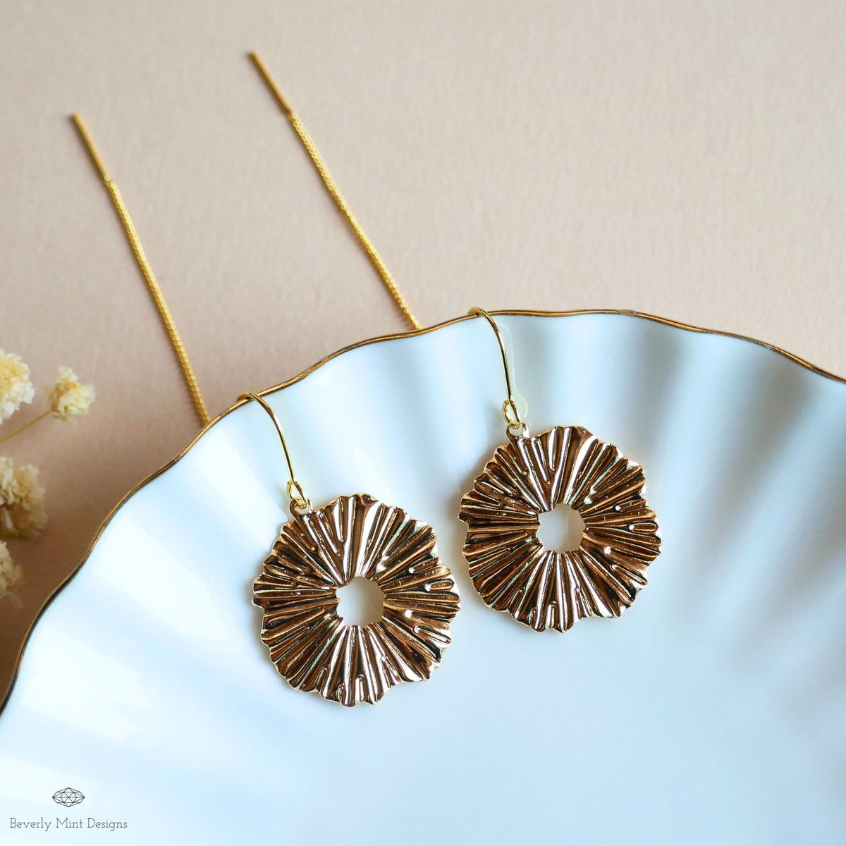 Gold Textured Disc Threader Earrings, Bold Statement Dangle Earrings, Sculptural Jewelry, Sensitive Ear & Clip-On Options