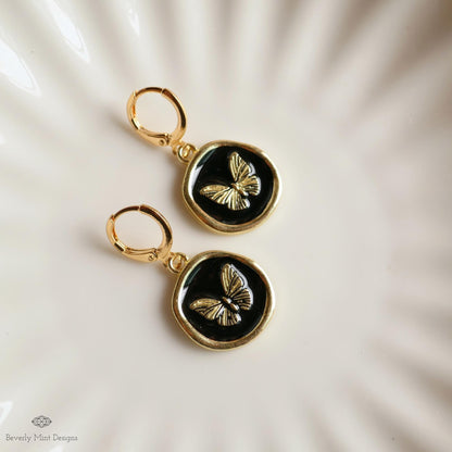 Butterfly Enamel Charm Earrings, Black and Gold Dangle Earrings, Handmade Vintage Butterfly Jewelry, Sensitive Ear & Clip-On Options