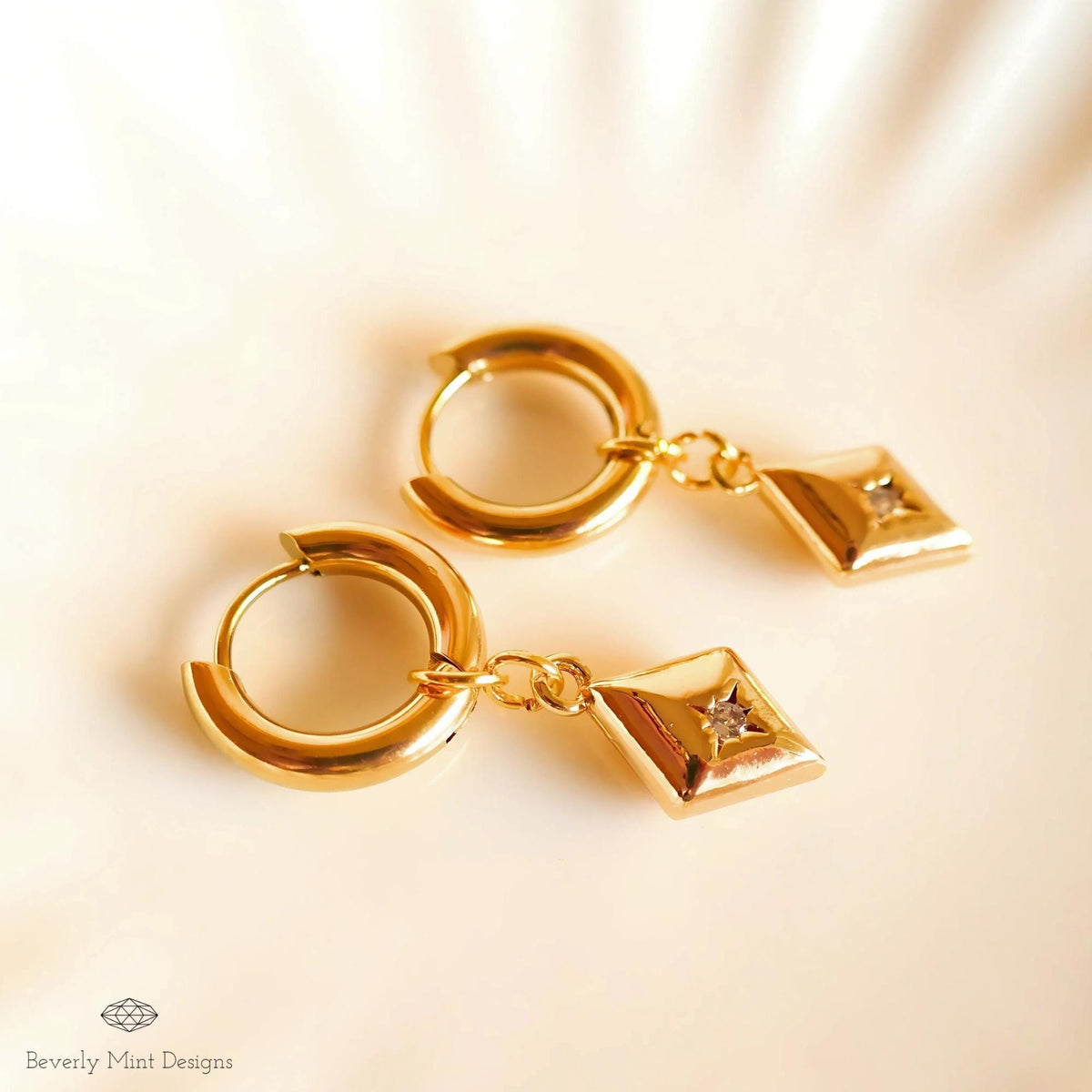 Gold Huggie Earrings with Geometric Dangle Charms – Minimalist Jewelry, Modern Hoop Earrings