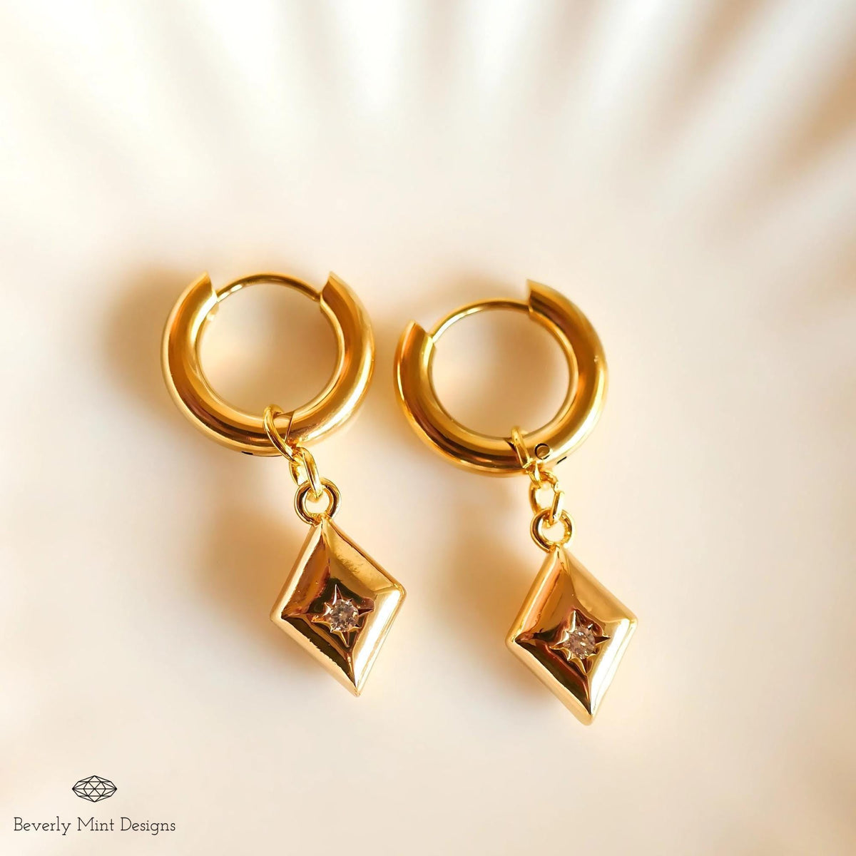 Gold Huggie Earrings with Geometric Dangle Charms – Minimalist Jewelry, Modern Hoop Earrings