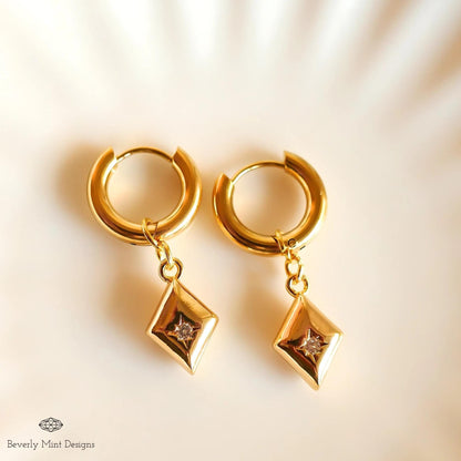Gold Huggie Earrings with Geometric Dangle Charms – Minimalist Jewelry, Modern Hoop Earrings