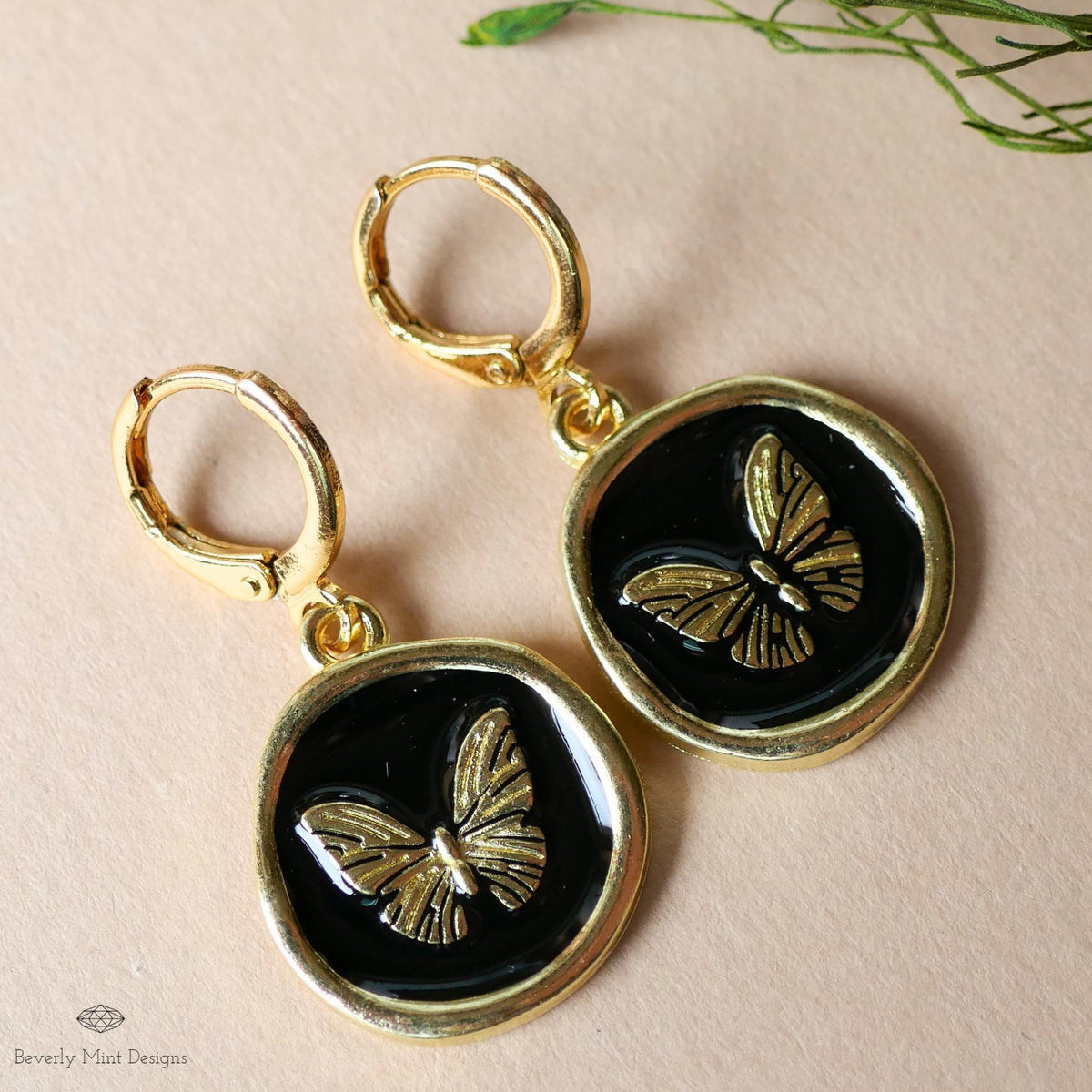 Butterfly Enamel Charm Earrings, Black and Gold Dangle Earrings, Handmade Vintage Butterfly Jewelry, Sensitive Ear & Clip-On Options