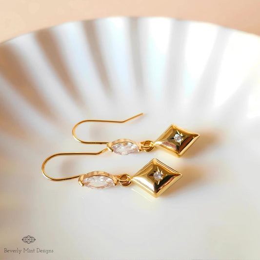 Gold Geometric Dangle Earrings with Clear Crystal Accents – Minimalist Jewelry, Modern Drop Earrings