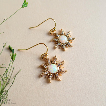 Gold Sun Earrings with Faux Opal, Sunburst Dangle Earrings, Celestial Jewelry, Boho Drop Earrings, Sensitive Ear & Clip-On Options