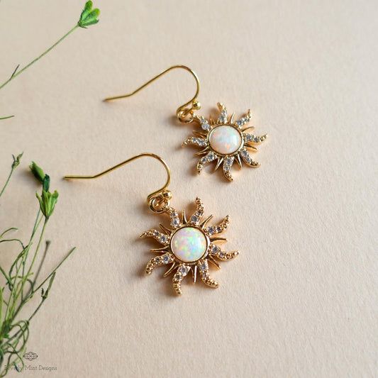Gold Sun Earrings with Faux Opal, Sunburst Dangle Earrings, Celestial Jewelry, Boho Drop Earrings, Sensitive Ear & Clip-On Options
