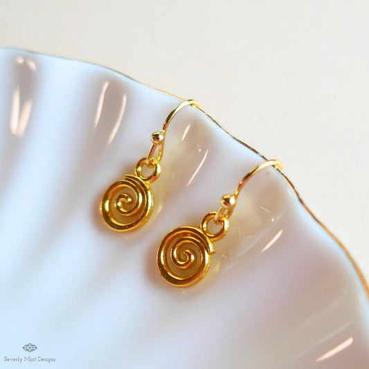 Gold Tiny Spiral Earrings, Mini Swirl Dangle Earrings, Minimalist Boho Jewelry, Celtic Inspired Earrings, Sensitive Ear & Clip-On Options