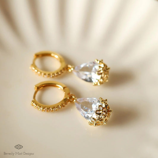 Gold Pave Hoop Earrings, Teardrop Crystal Dangle Earrings, Elegant Bridal Jewelry, Floral Drop Earrings for Women