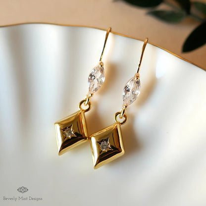 Gold Geometric Dangle Earrings with Clear Crystal Accents – Minimalist Jewelry, Modern Drop Earrings