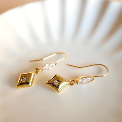 Gold Geometric Dangle Earrings with Clear Crystal Accents – Minimalist Jewelry, Modern Drop Earrings