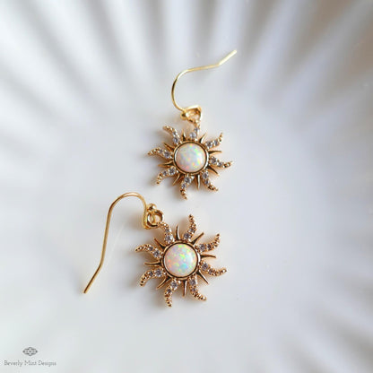 Gold Sun Earrings with Faux Opal, Sunburst Dangle Earrings, Celestial Jewelry, Boho Drop Earrings, Sensitive Ear & Clip-On Options