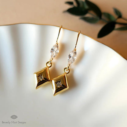 Gold Geometric Dangle Earrings with Clear Crystal Accents – Minimalist Jewelry, Modern Drop Earrings