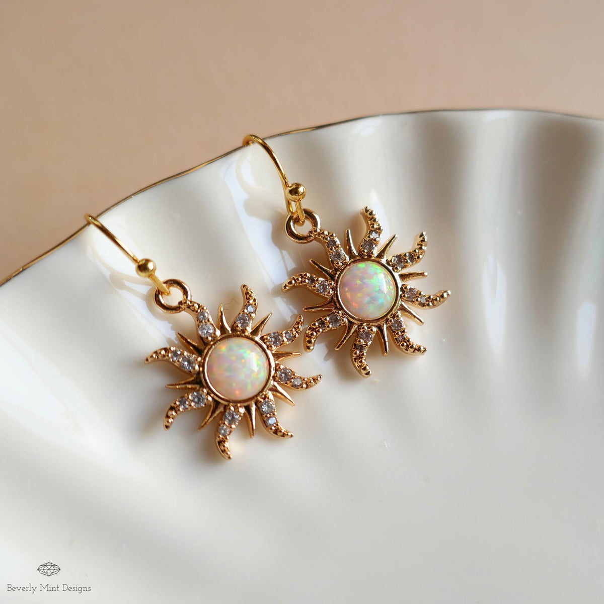 Gold Sun Earrings with Faux Opal, Sunburst Dangle Earrings, Celestial Jewelry, Boho Drop Earrings, Sensitive Ear & Clip-On Options