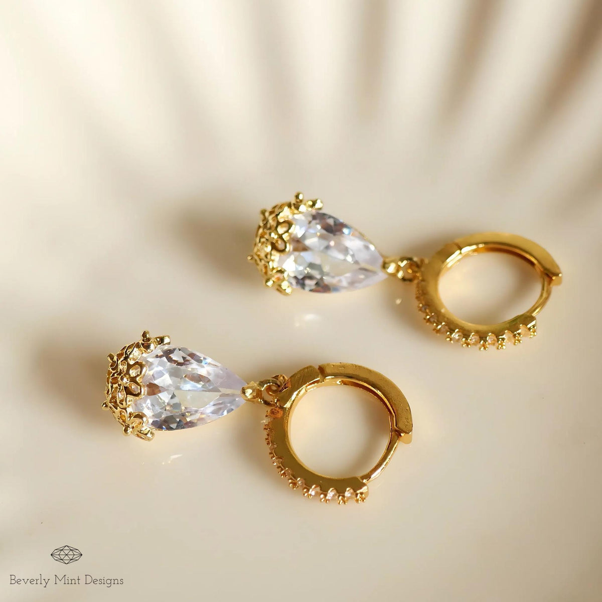 Gold Pave Hoop Earrings, Teardrop Crystal Dangle Earrings, Elegant Bridal Jewelry, Floral Drop Earrings for Women
