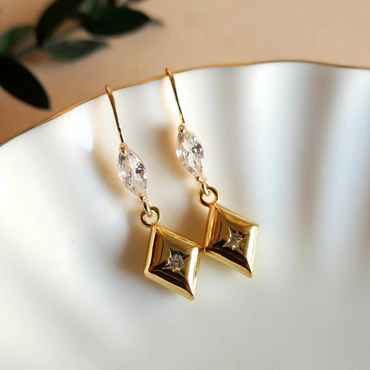 Gold Geometric Dangle Earrings with Clear Crystal Accents – Minimalist Jewelry, Modern Drop Earrings