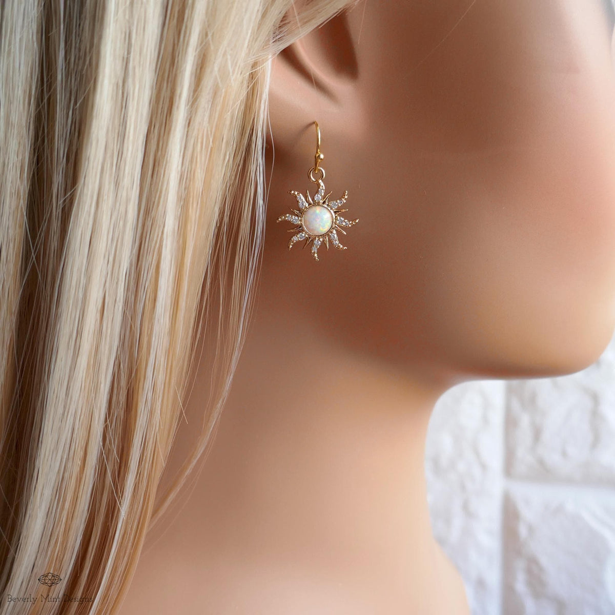 Gold Sun Earrings with Faux Opal, Sunburst Dangle Earrings, Celestial Jewelry, Boho Drop Earrings, Sensitive Ear & Clip-On Options