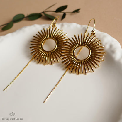 Gold Sunburst Earrings Celestial Drop Earrings Boho Sun Charm Jewelry Statement Dangle Earrings Modern, Sensitive Ear & Clip-On Options