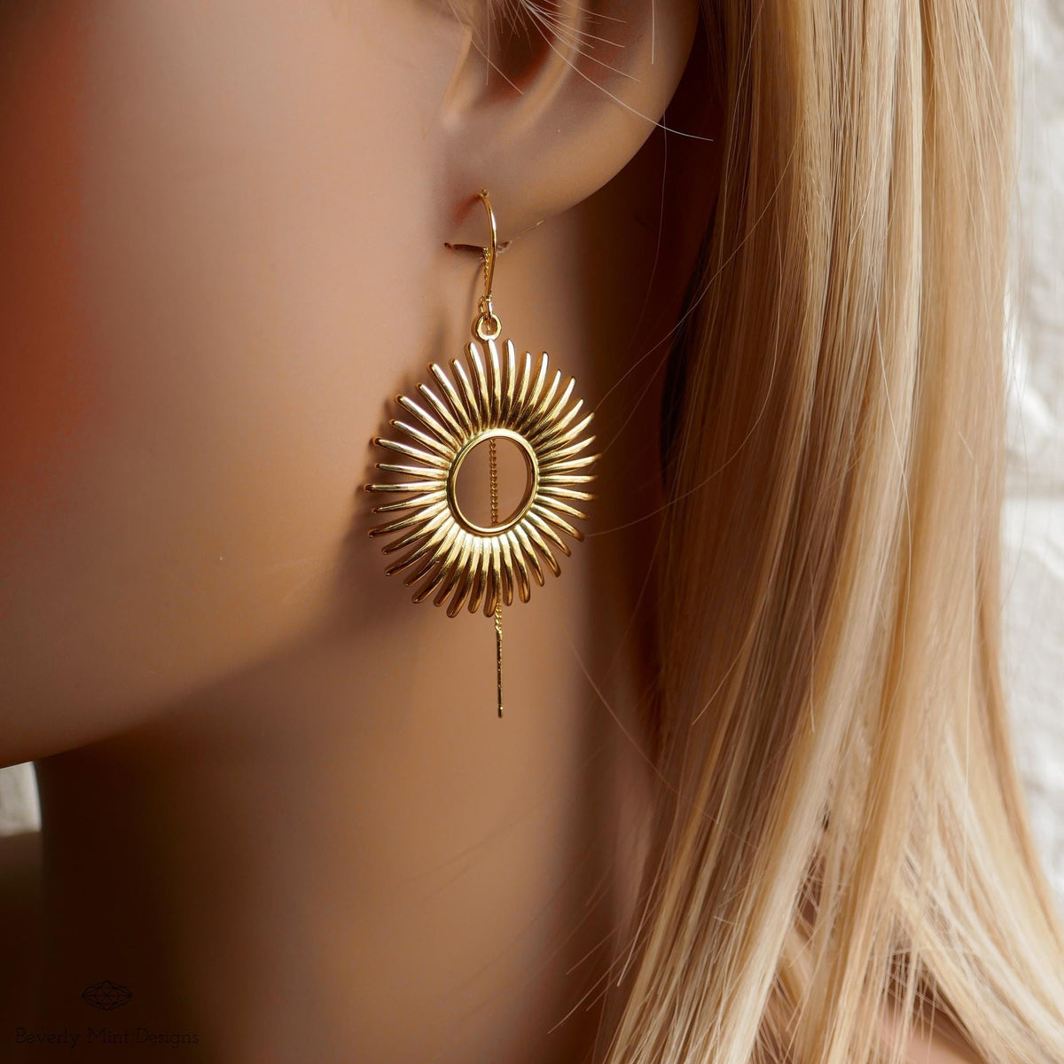 Gold Sunburst Earrings Celestial Drop Earrings Boho Sun Charm Jewelry Statement Dangle Earrings Modern, Sensitive Ear & Clip-On Options