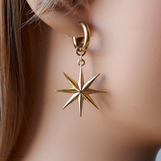 Gold Star Hoop Earrings, Statement Earrings, Boho Festival Jewelry, Astrology , Star Dangle Huggie Earrings