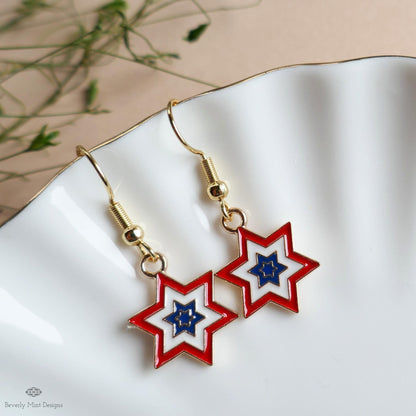 Patriotic Star Earrings, Red White Blue Double Star Dangle Jewelry, USA 4th of July Earrings, Sensitive Ear & Clip-On Options