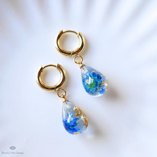 Blue Pressed Flower Resin Earrings Teardrop Dangle Earrings Gold Hoop Botanical Jewelry Handmade Nature Earrings