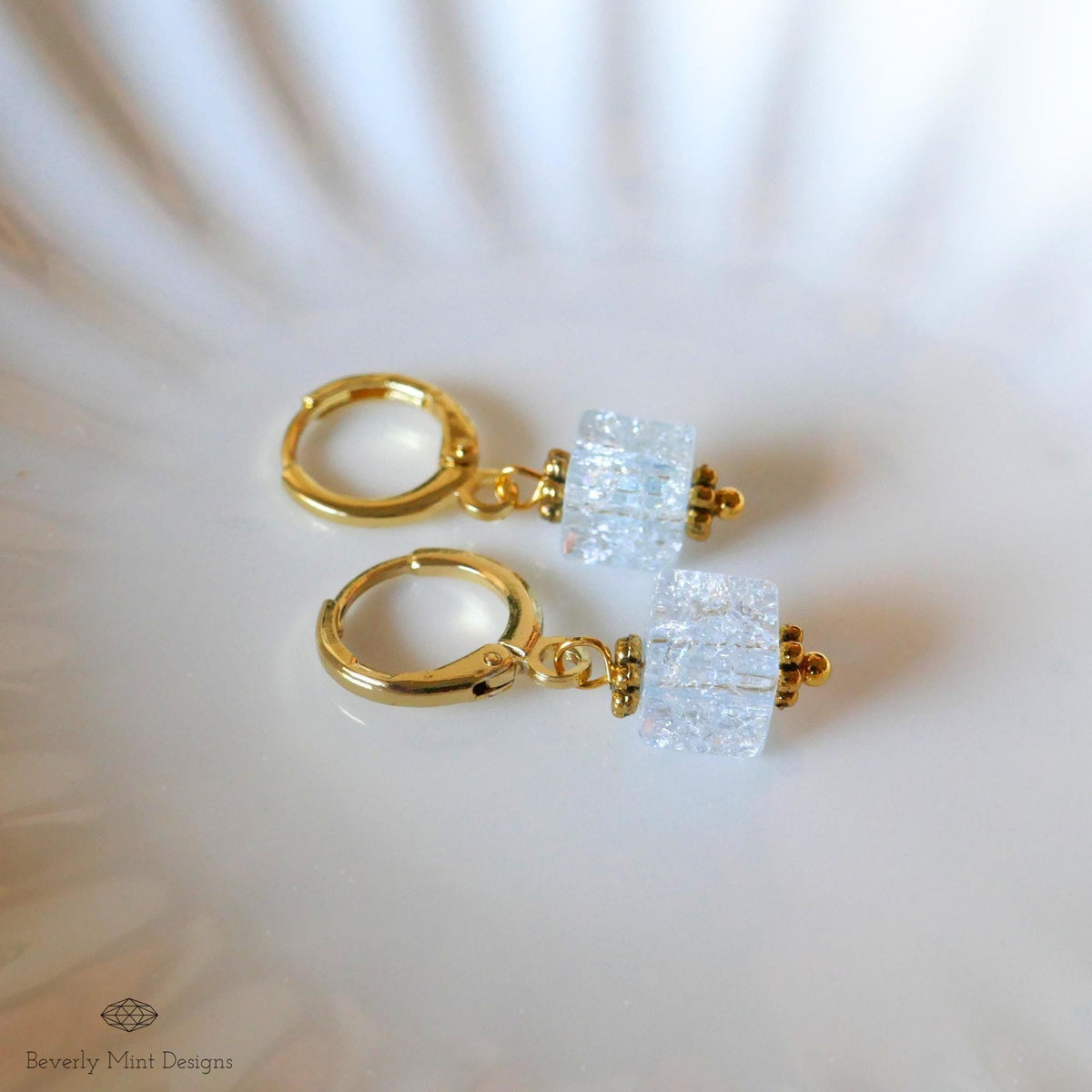 Gold Hoop Earrings, Light Blue Glass Bead Earrings, Minimalist Blue Dangle Earrings, Pastel jewelry, Sensitive Ear & Clip-On Options