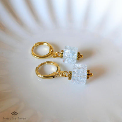 Gold Hoop Earrings, Light Blue Glass Bead Earrings, Minimalist Blue Dangle Earrings, Pastel jewelry, Sensitive Ear & Clip-On Options