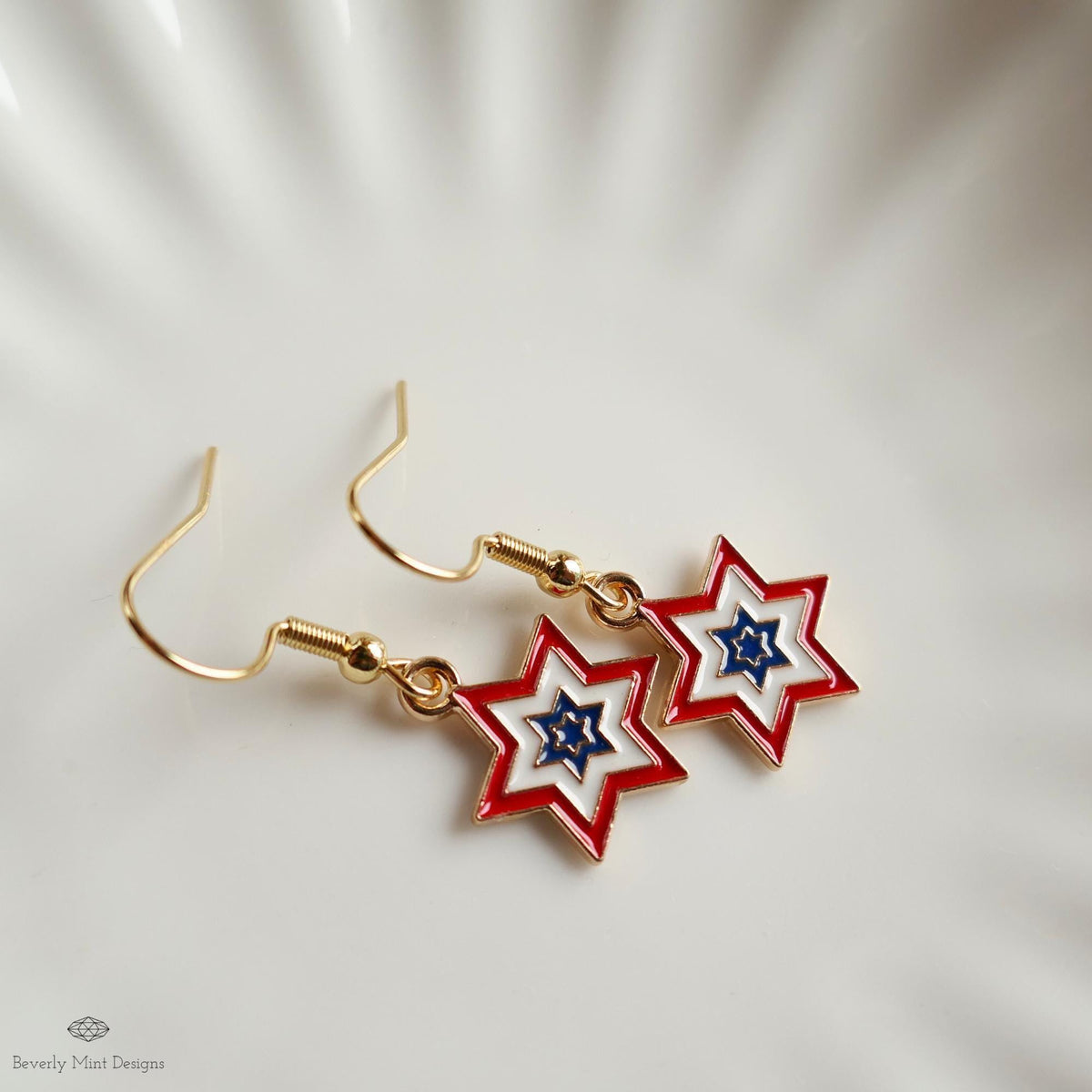 Patriotic Star Earrings, Red White Blue Double Star Dangle Jewelry, USA 4th of July Earrings, Sensitive Ear & Clip-On Options