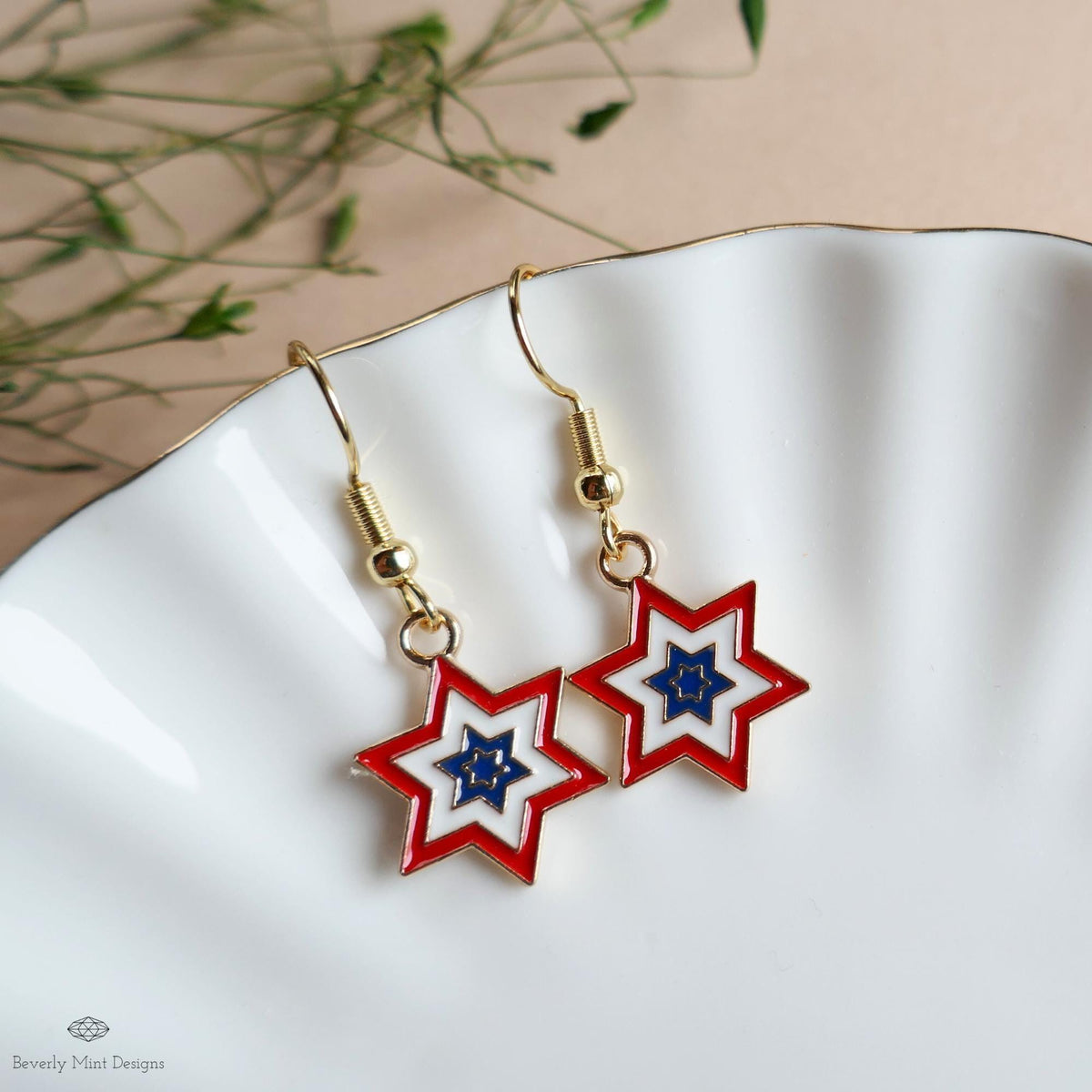 Patriotic Star Earrings, Red White Blue Double Star Dangle Jewelry, USA 4th of July Earrings, Sensitive Ear & Clip-On Options