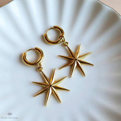 Gold Star Hoop Earrings, Statement Earrings, Boho Festival Jewelry, Astrology , Star Dangle Huggie Earrings