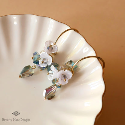 Pearly Flower Earrings, Flower Drop Earrings ,Feminine Earrings, Floral Chandelier Earrings, Unique Jewelry