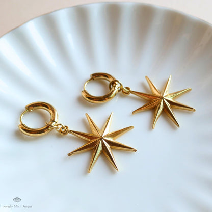 Gold Star Hoop Earrings, Statement Earrings, Boho Festival Jewelry, Astrology , Star Dangle Huggie Earrings