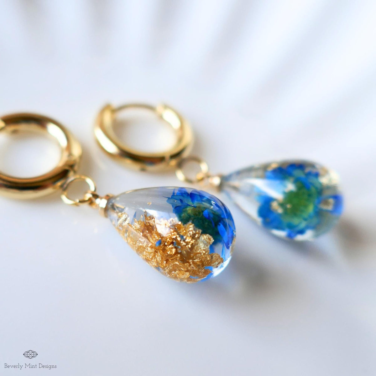 Blue Pressed Flower Resin Earrings Teardrop Dangle Earrings Gold Hoop Botanical Jewelry Handmade Nature Earrings