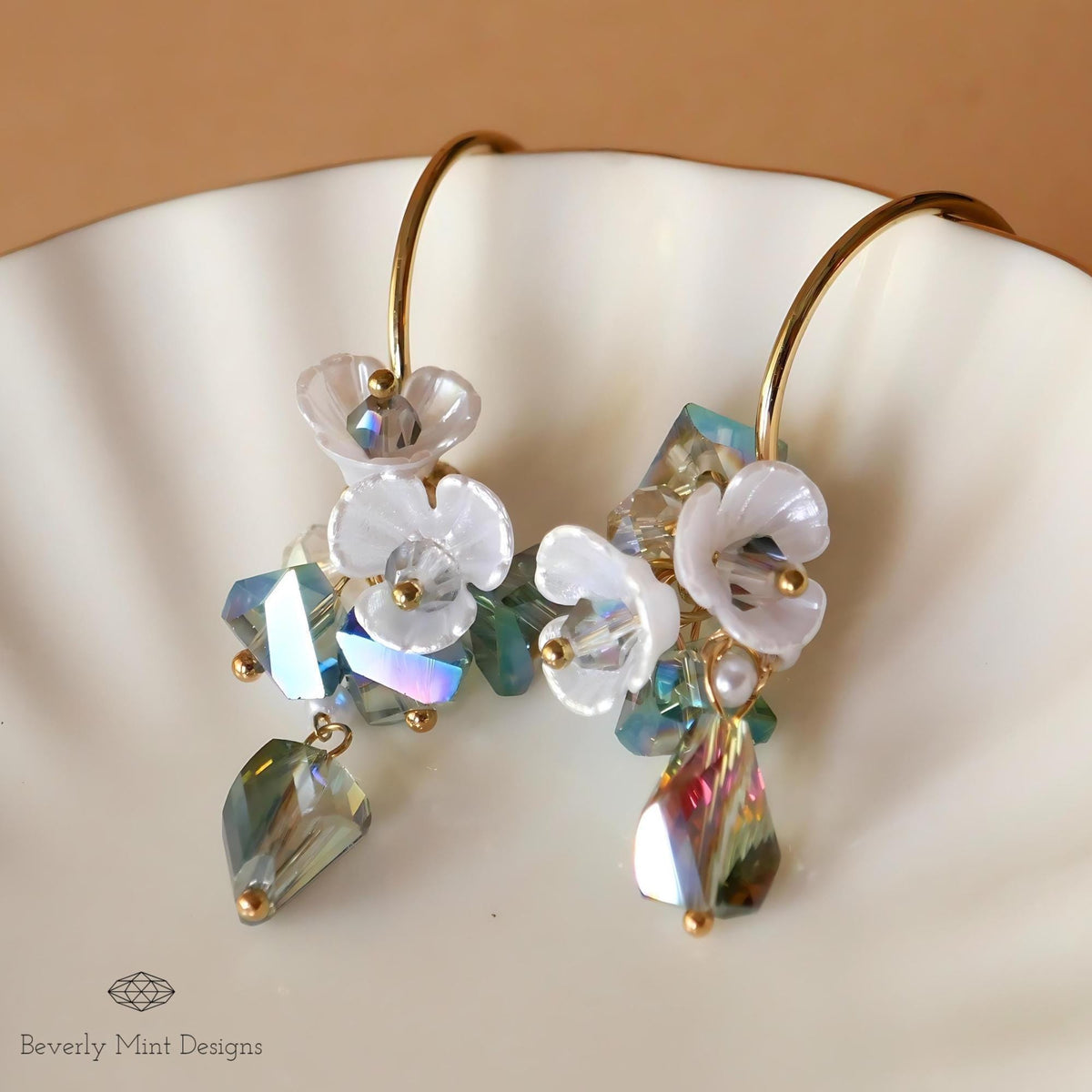 Pearly Flower Earrings, Flower Drop Earrings ,Feminine Earrings, Floral Chandelier Earrings, Unique Jewelry