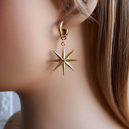 Gold Star Hoop Earrings, Statement Earrings, Boho Festival Jewelry, Astrology , Star Dangle Huggie Earrings
