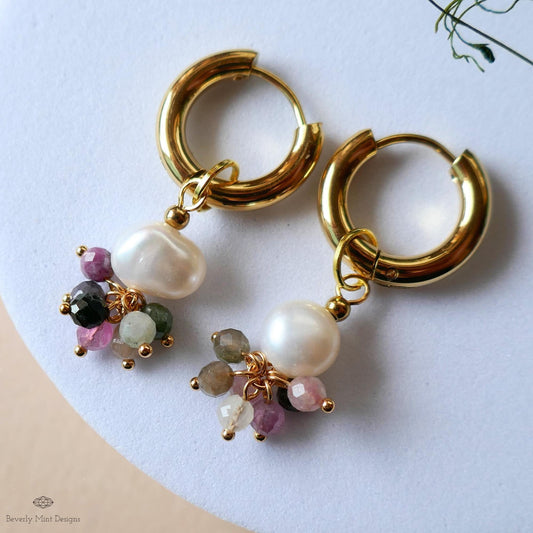 Chunky Hoop Huggie Earrings, Pearl Cluster Drops, Gold Boho Earrings, Dainty Gift for Her, Handmade Fall Jewelry, Gift For Her