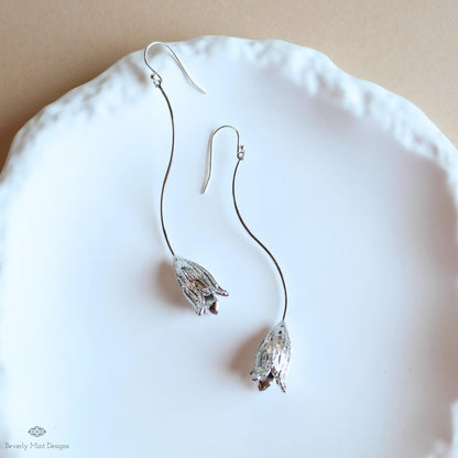 Silver Tulip Drop Earrings, Botanical Nature Inspired Copper Jewelry, Sensitive Ear & Clip-On Options