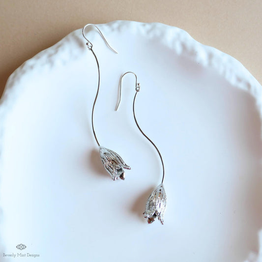 Silver Tulip Drop Earrings, Botanical Nature Inspired Copper Jewelry, Sensitive Ear & Clip-On Options