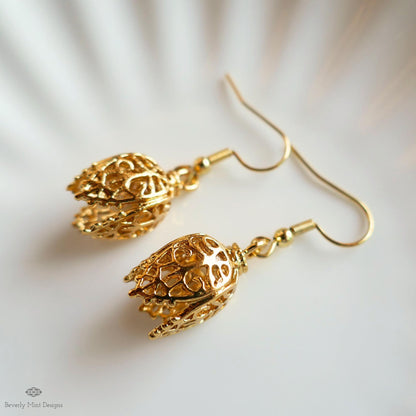 Gold Tulip Earrings, Filigree Dangle Earrings, Boho Drop Earrings, Vintage Style Jewelry, Floral Earrings, Sensitive Ear & Clip-On Options