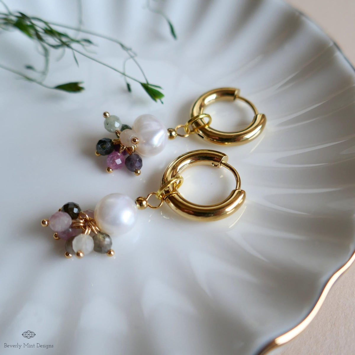 Chunky Hoop Huggie Earrings, Pearl Cluster Drops, Gold Boho Earrings, Dainty Gift for Her, Handmade Fall Jewelry, Gift For Her