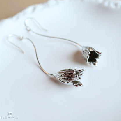 Silver Tulip Drop Earrings, Botanical Nature Inspired Copper Jewelry, Sensitive Ear & Clip-On Options